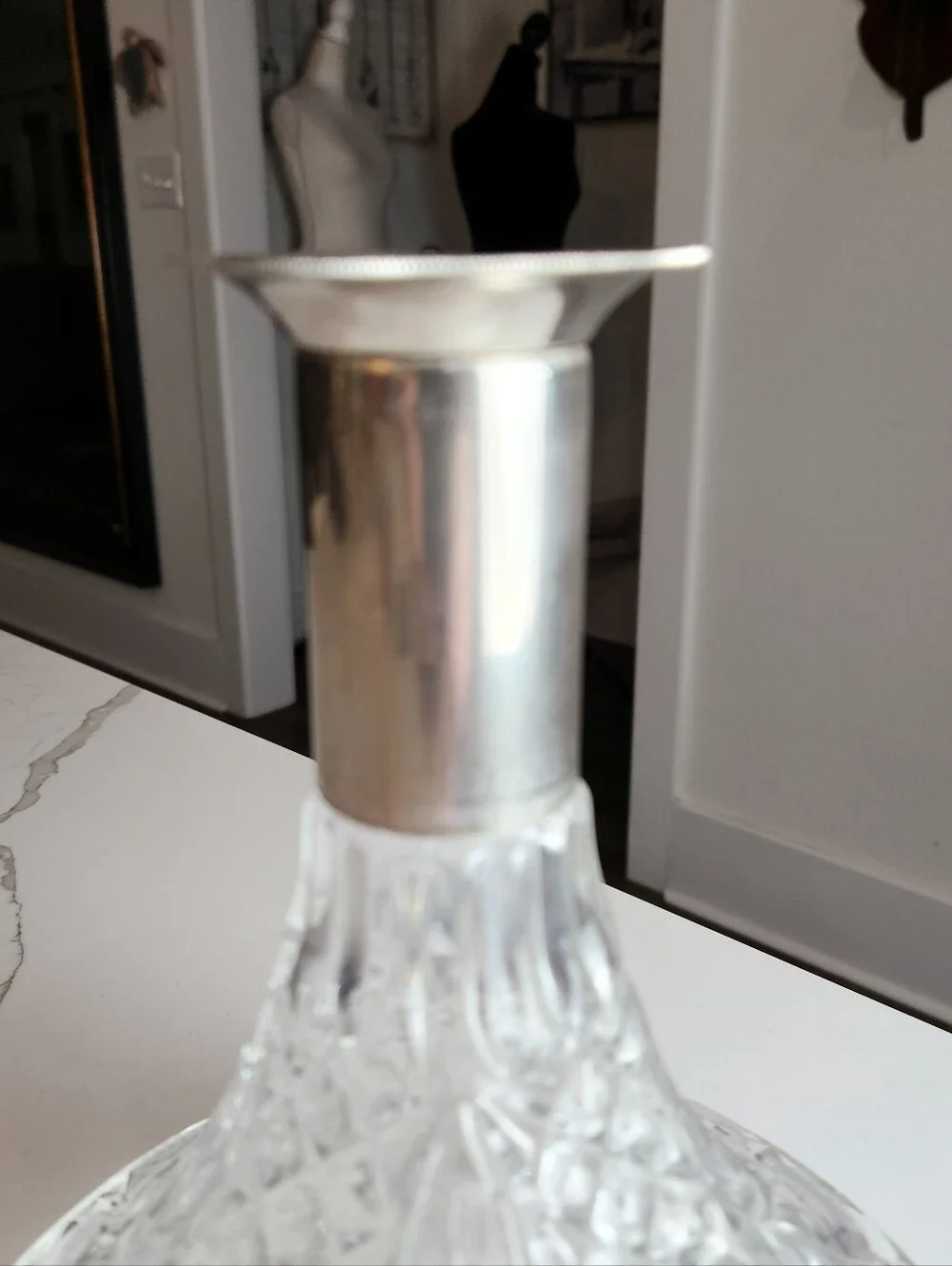 Vintage Cut Glass Ship's Captain Decanter with Silver Collar & Faceted Stopper